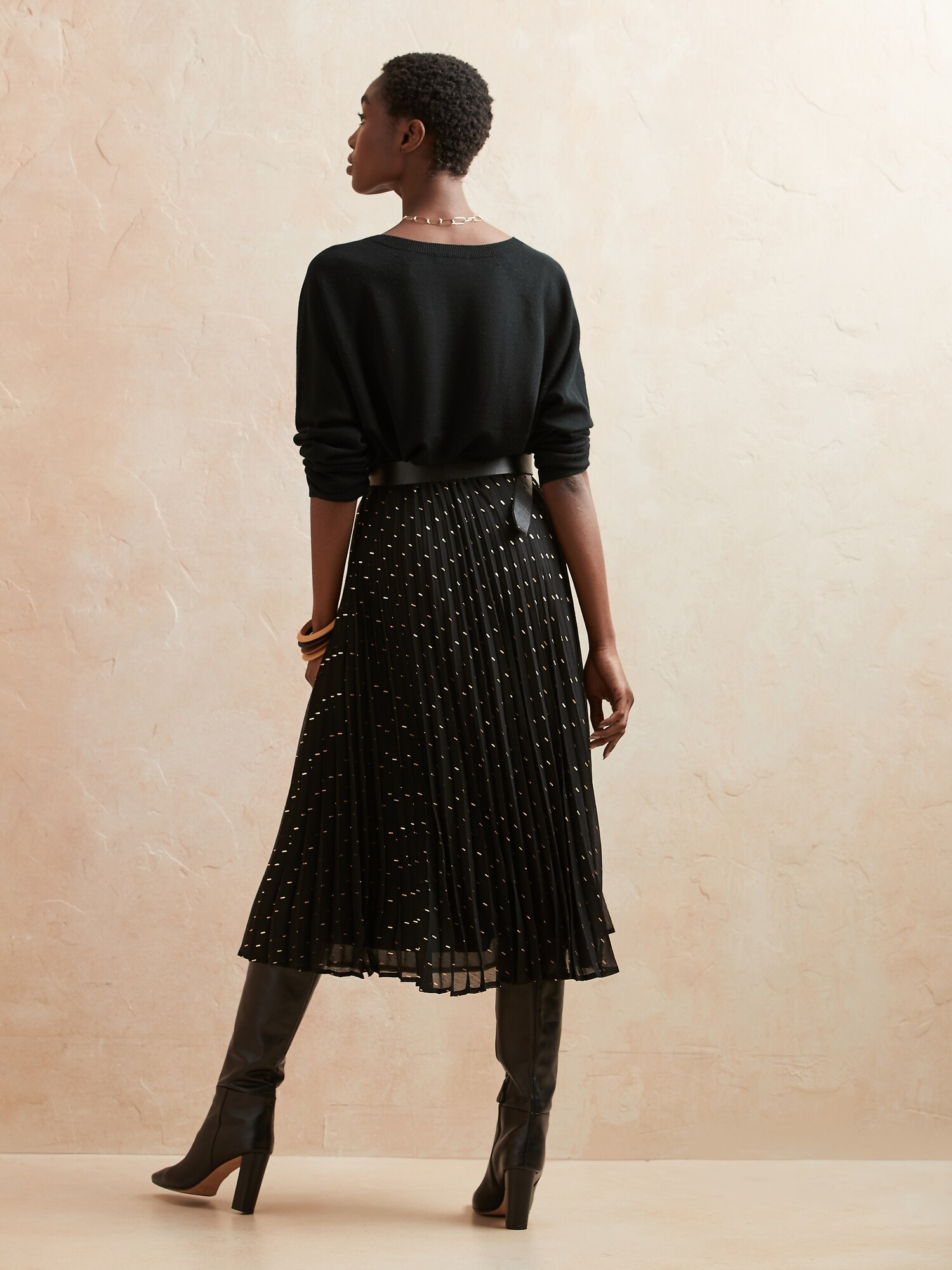 Foil Metallic Pleated Midi Skirt