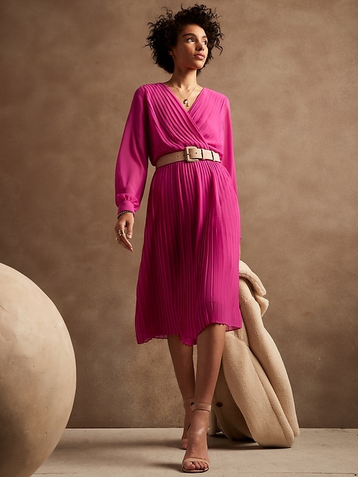 Image number 1 showing, Blouson-Sleeve Pleated Midi Dress