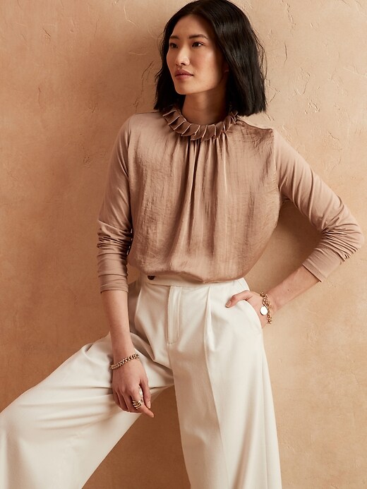 Petite Mixed Media Ruffle Mock-Neck Top