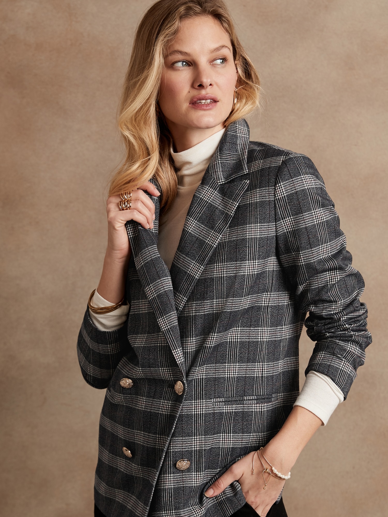 Petite Double-Breasted Plaid Blazer