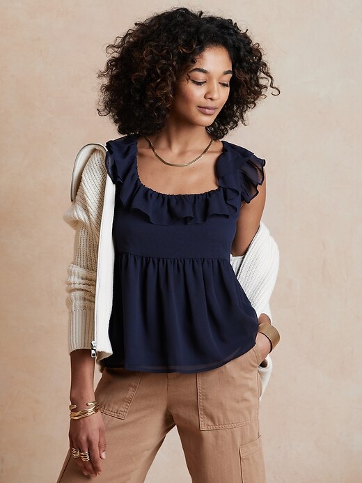 1 of 8 showing, with the color Preppy Navy of product Flutter Tie-Back Tank