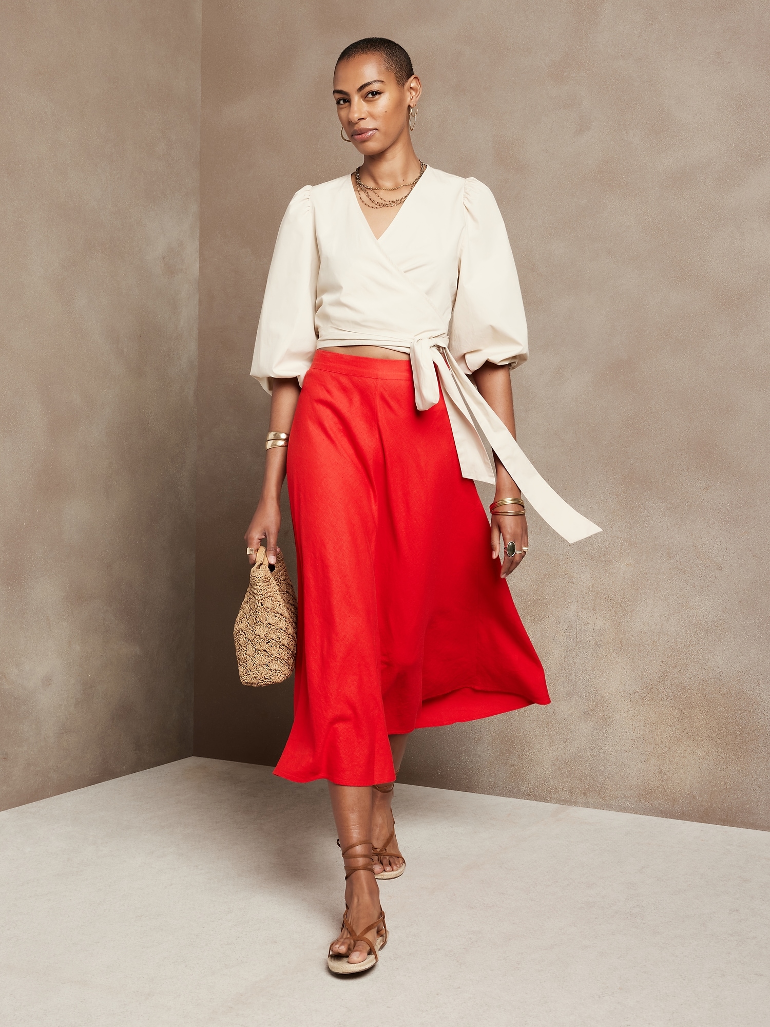Linen-Rayon Midi Skirt