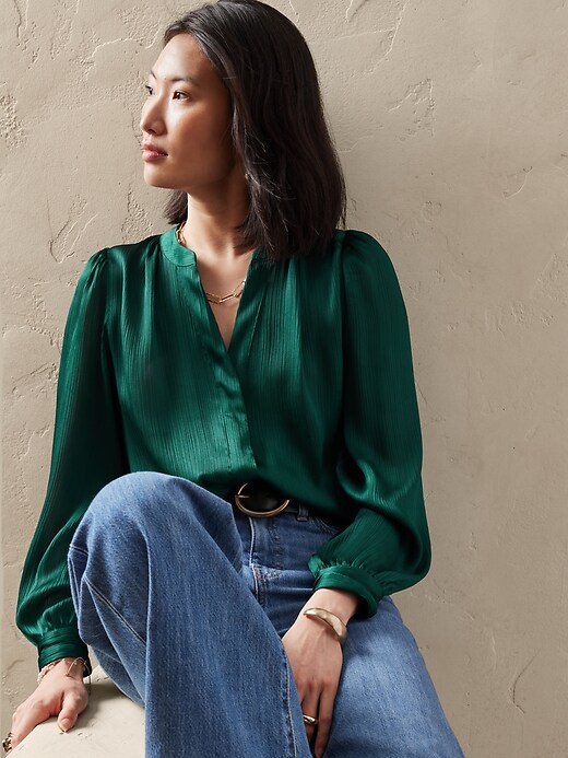Satin Shirred-Neck Blouse | Banana Republic Factory