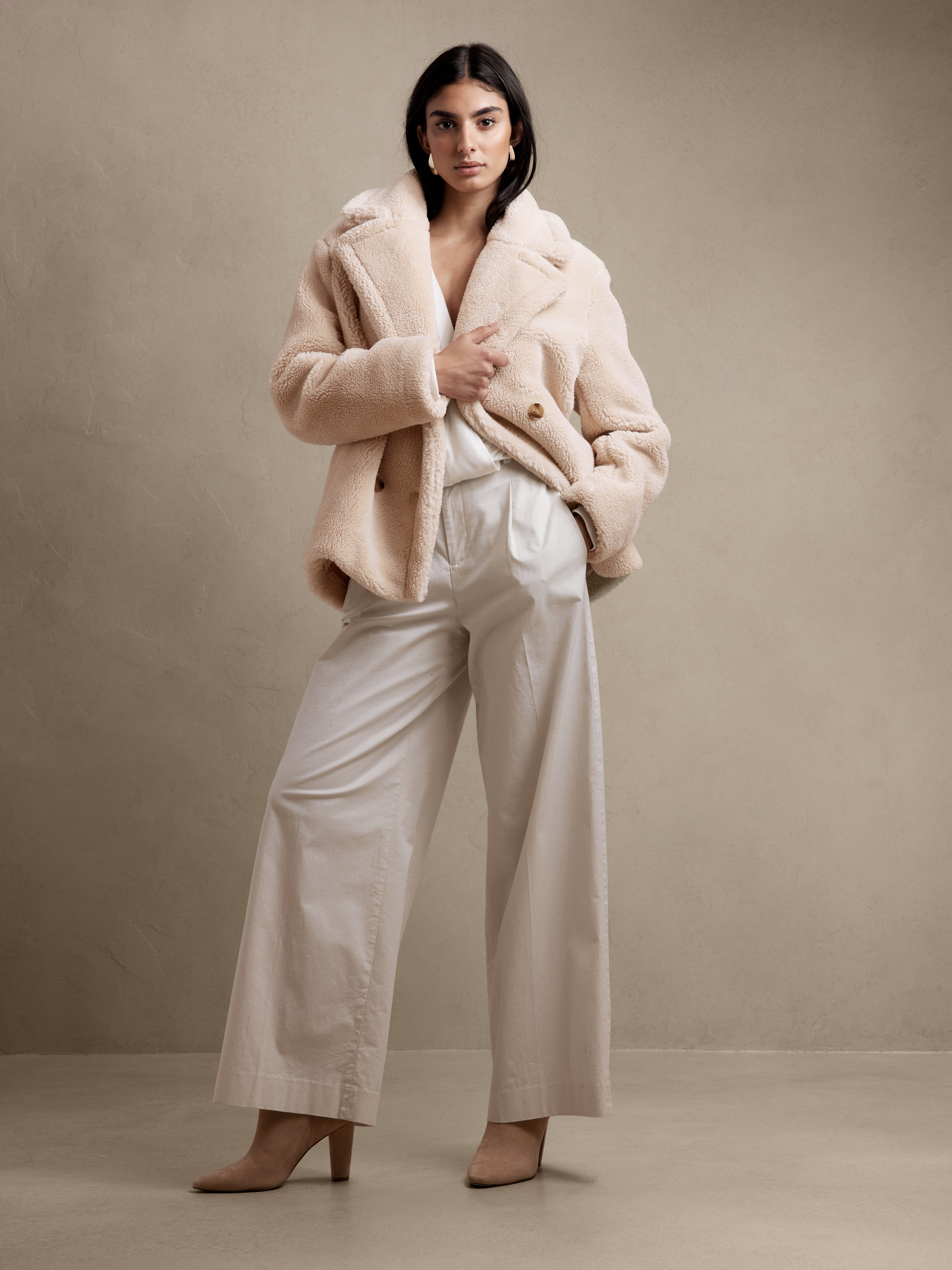 Women's Faux Fur Coat Transition Cream Tall Size L