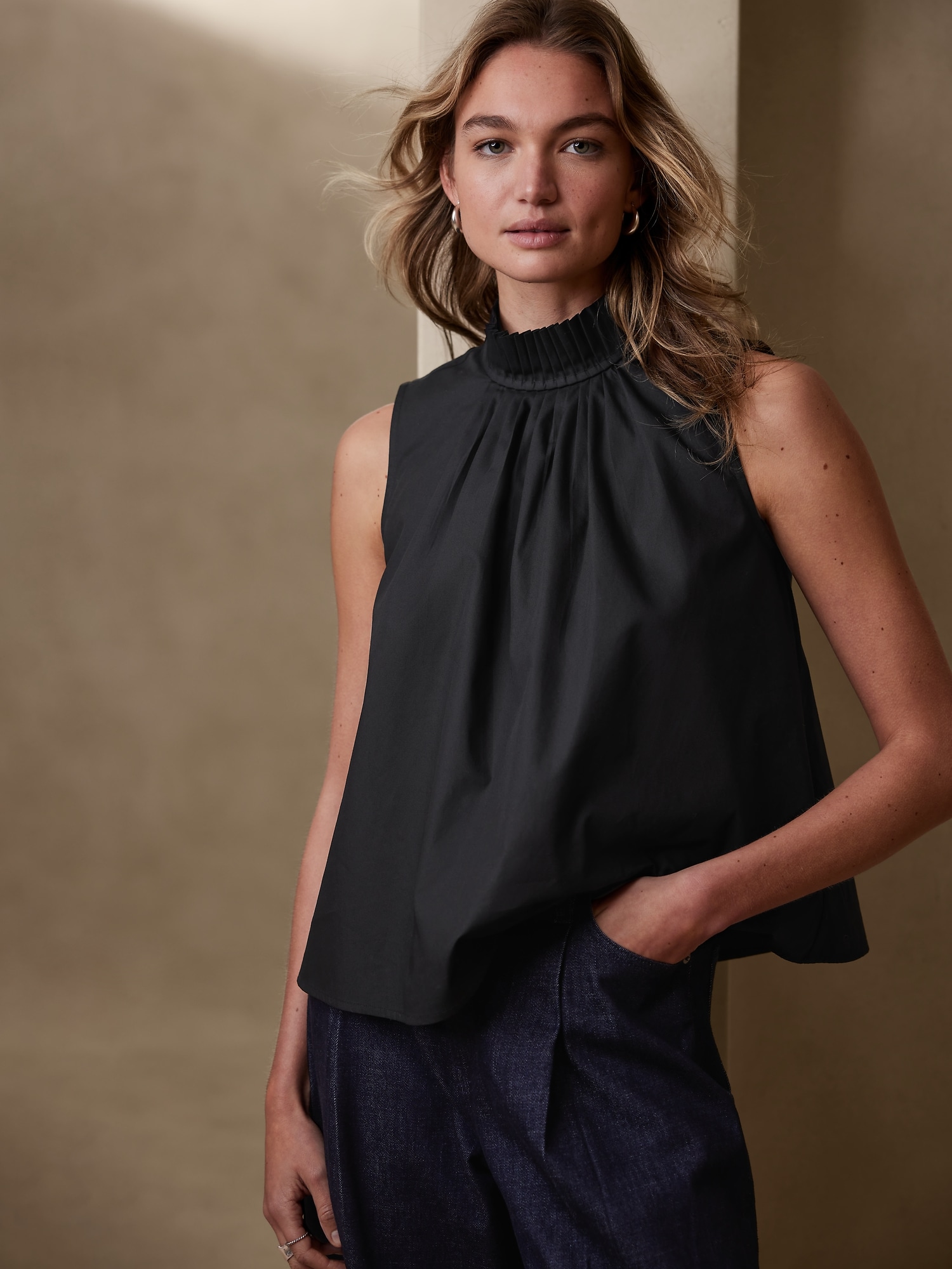 Pleat-Neck Cropped Top