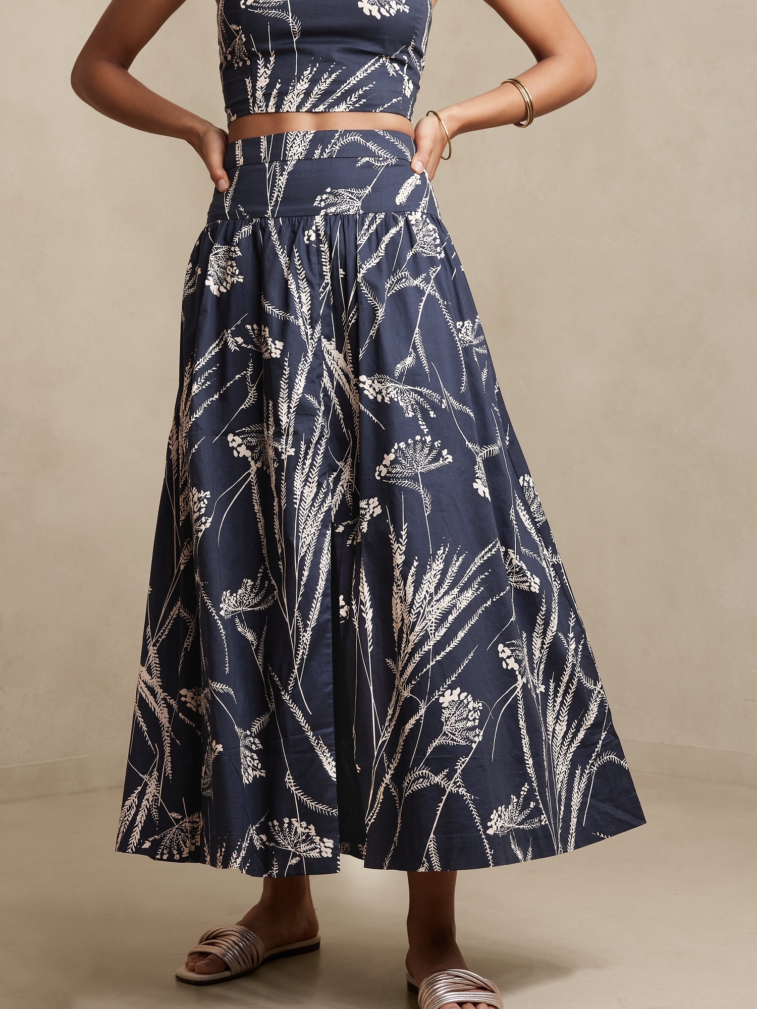 Linen-Blend Shirred-Front Maxi Skirt