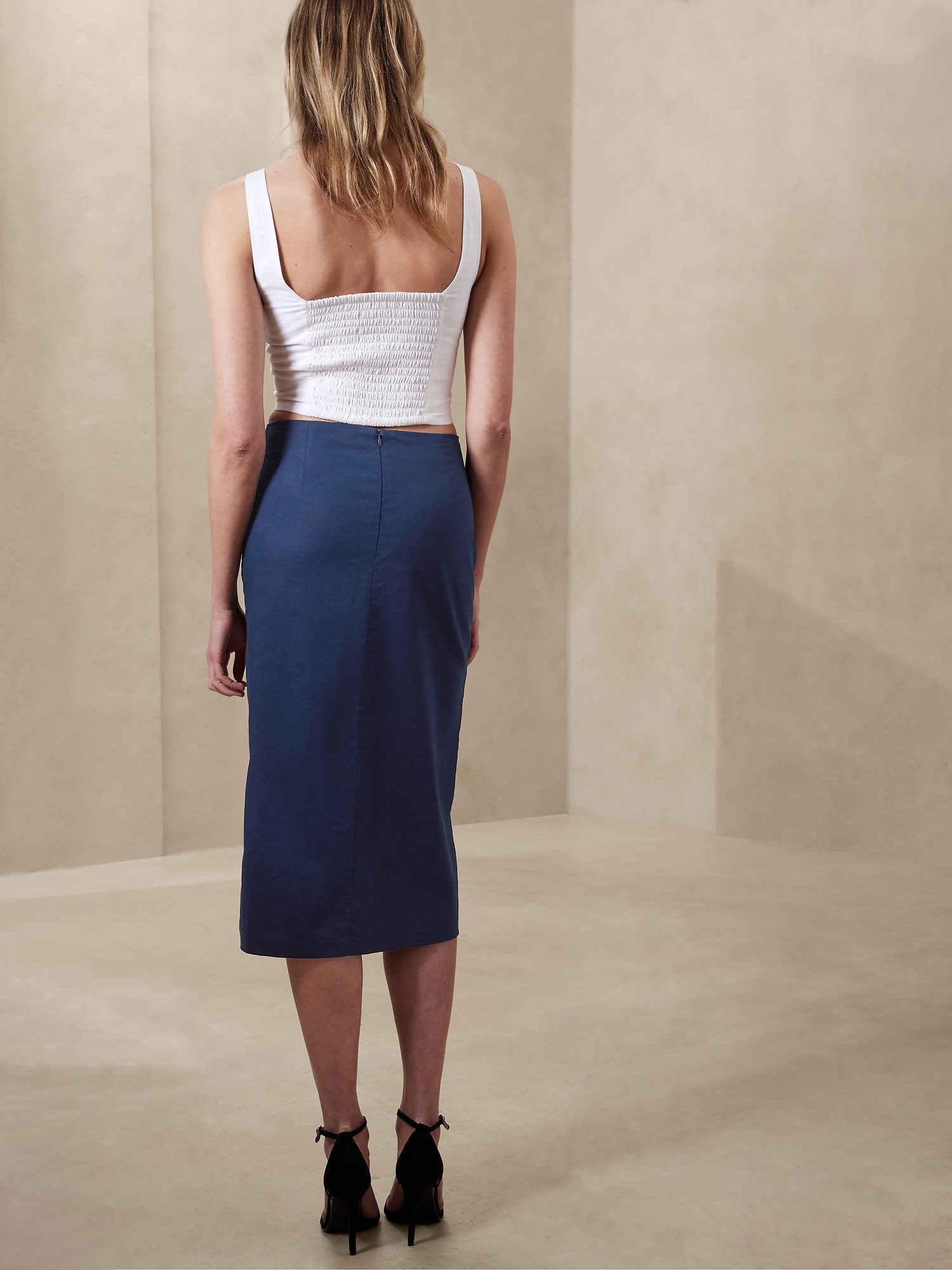 Linen-Blend Button Midi Skirt