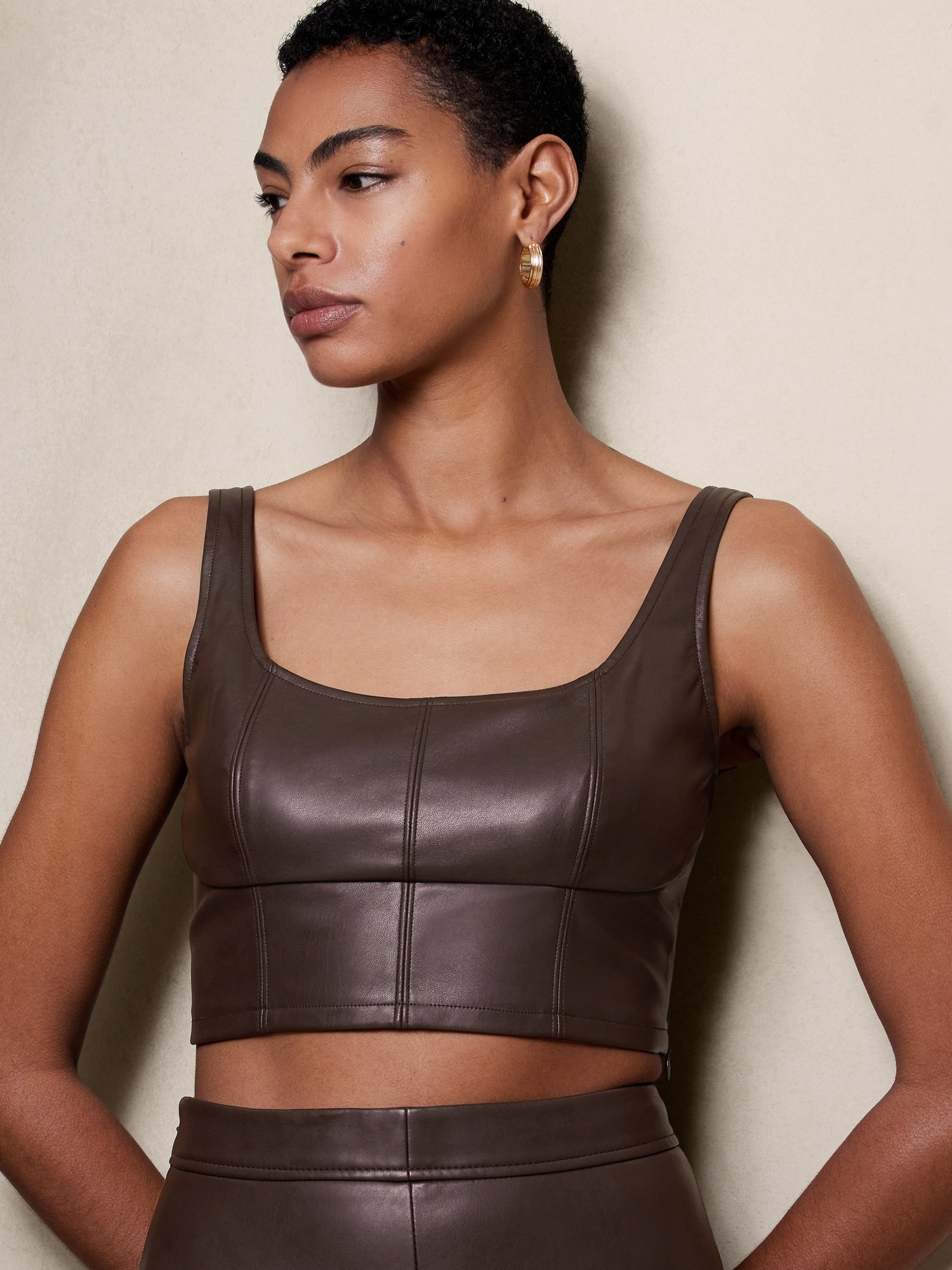 Cropped soft faux-leather bustier