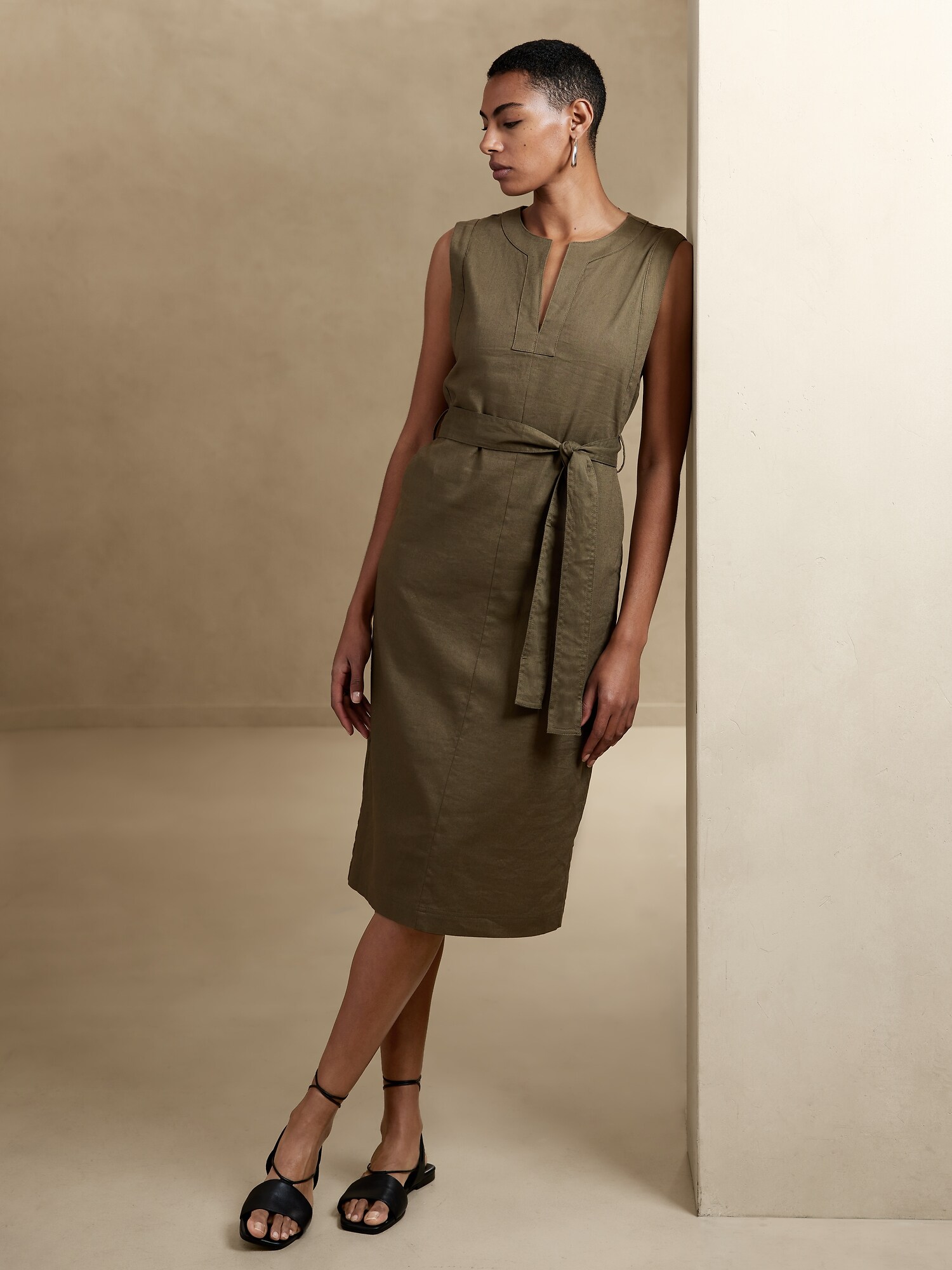 Linen-Cotton Midi Shift Dress