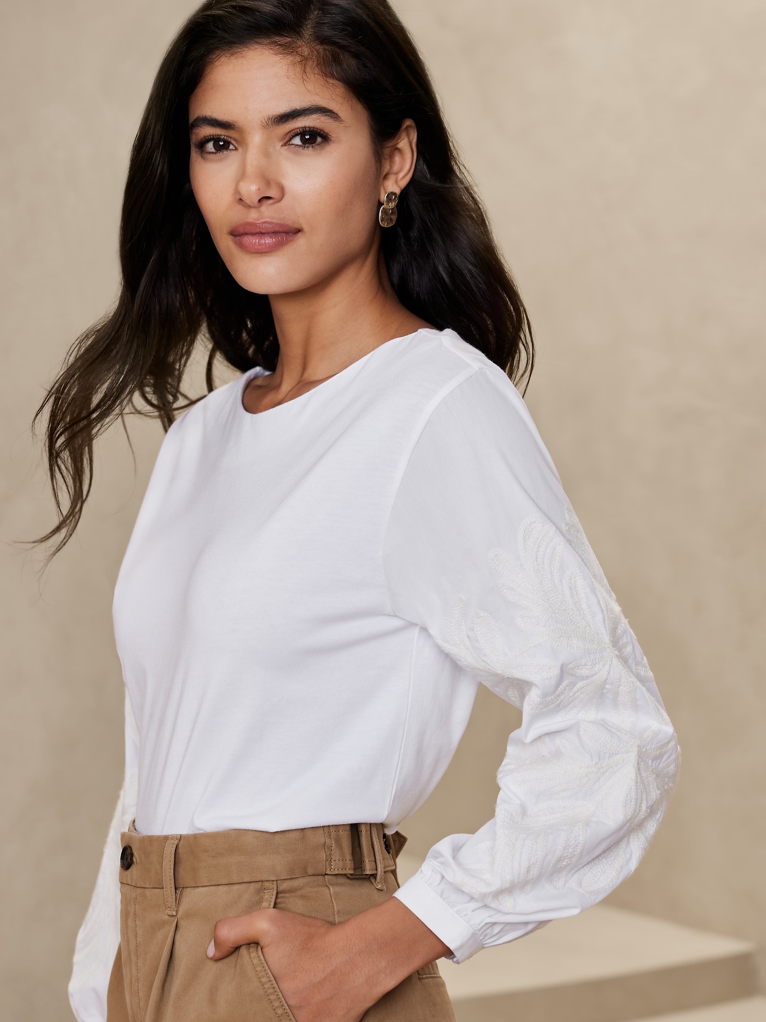Embroidered Volume-Sleeve Top