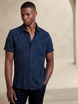 Short-Sleeve Palma Linen Shirt - Indigo Basketweave