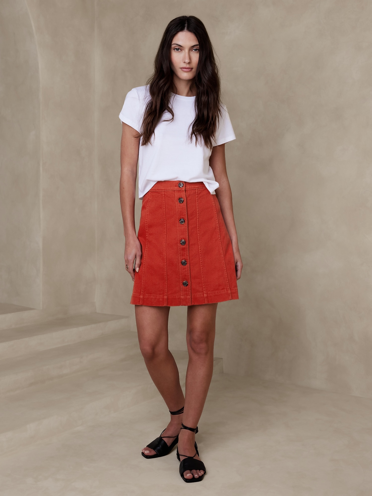 Button-Front Twill Mini Skirt