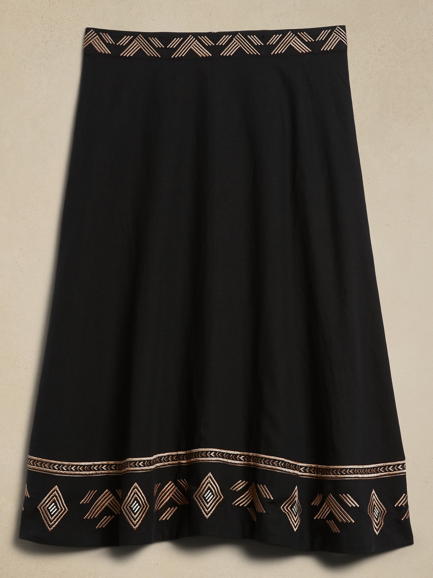 Linen-Blend Embroidered Midi Skirt