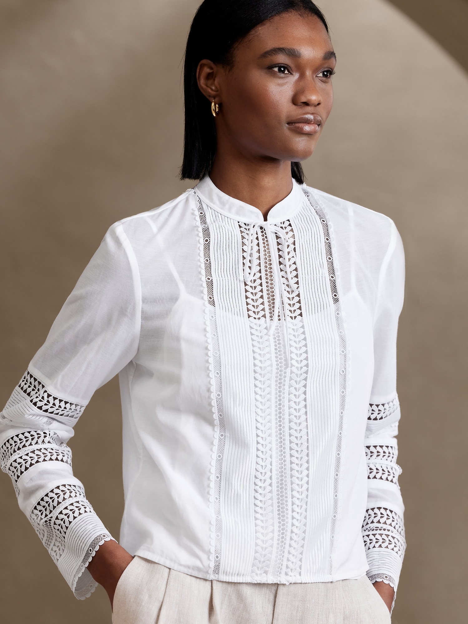 Lace-inset Blouse with Collar - White - Ladies