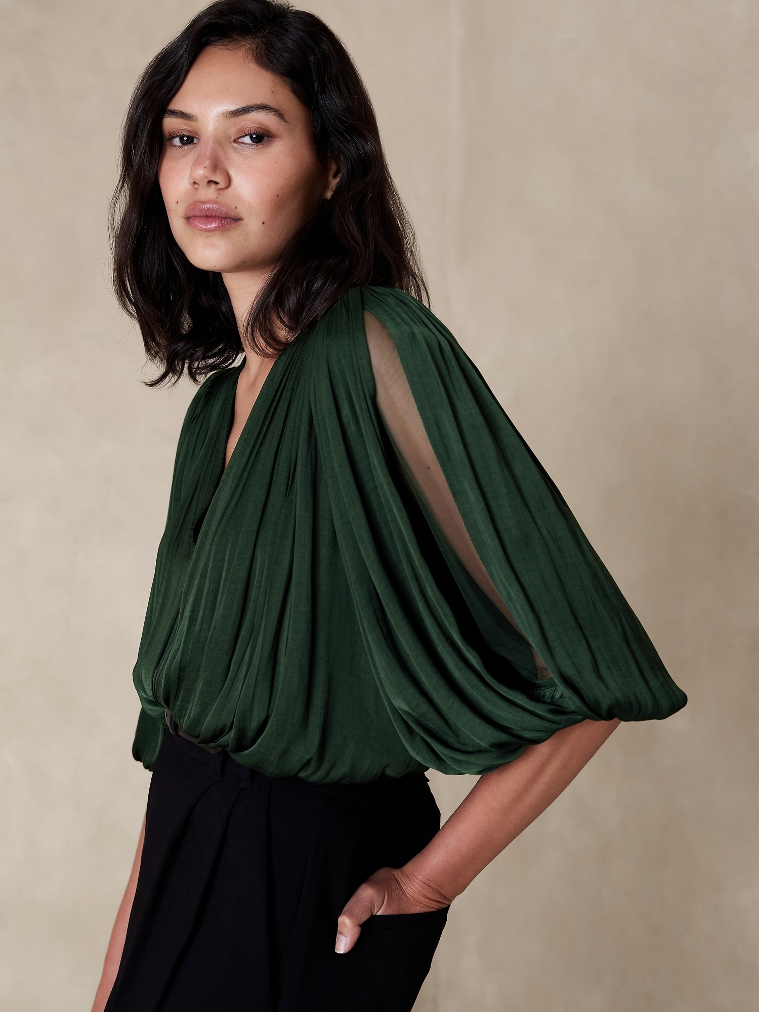 Cropped Wrap Pleated Blouse