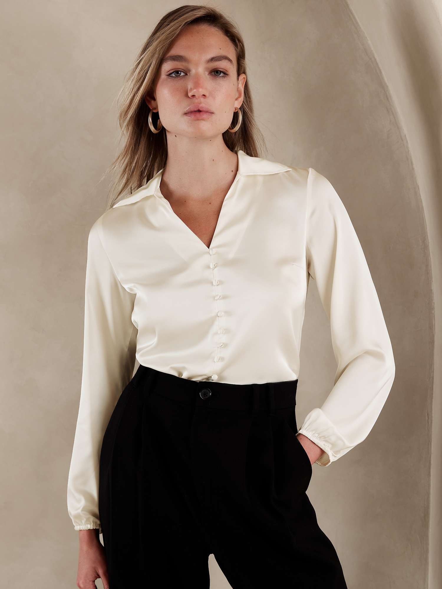 Satin Covered-Button Blouse