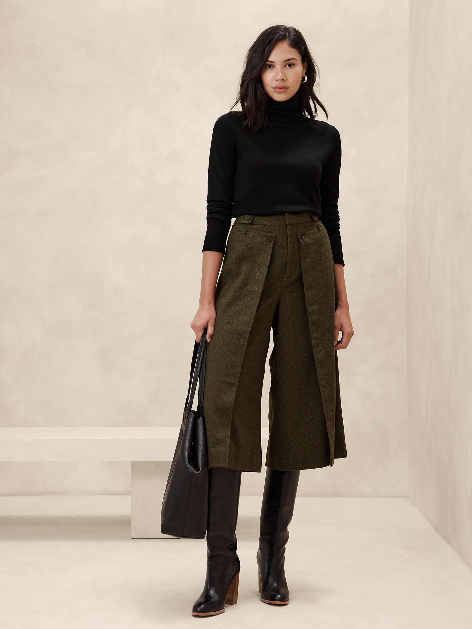 Wool-Blend Herringbone Culotte - Green