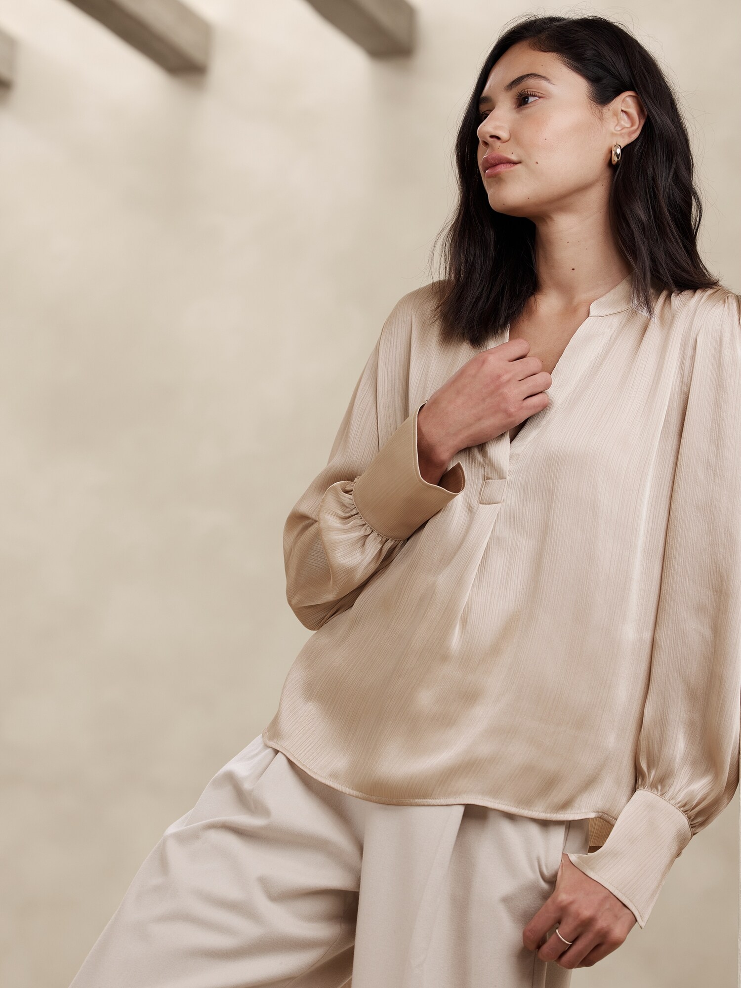 Crinkle Volume-Sleeve Blouse | Banana Republic Factory