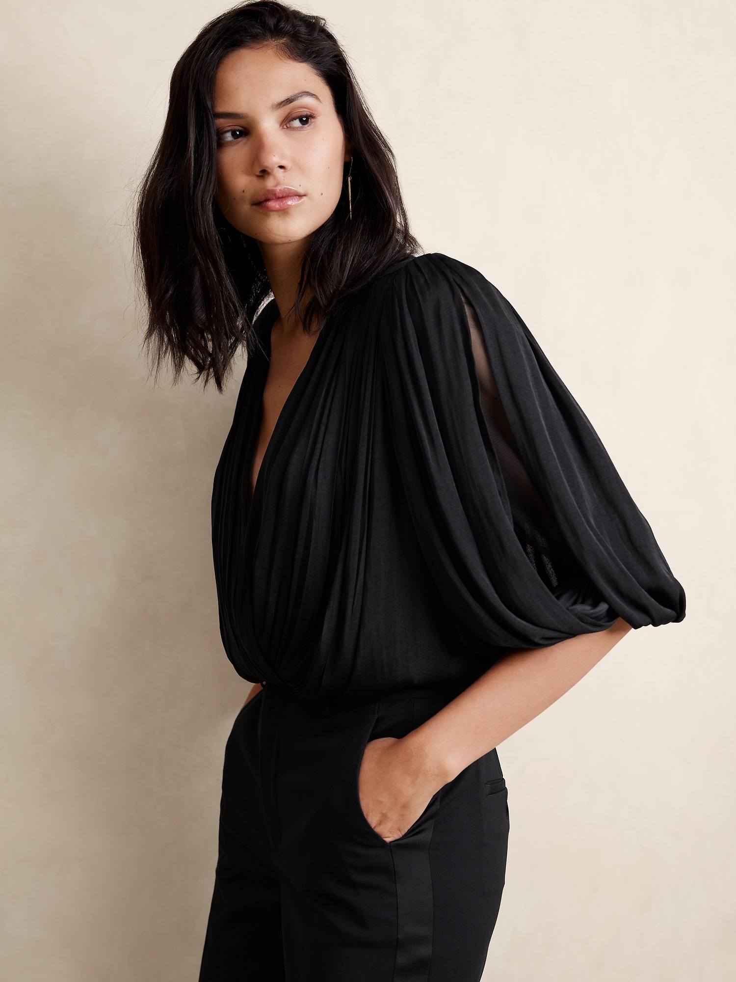 Cropped Wrap Pleated Blouse