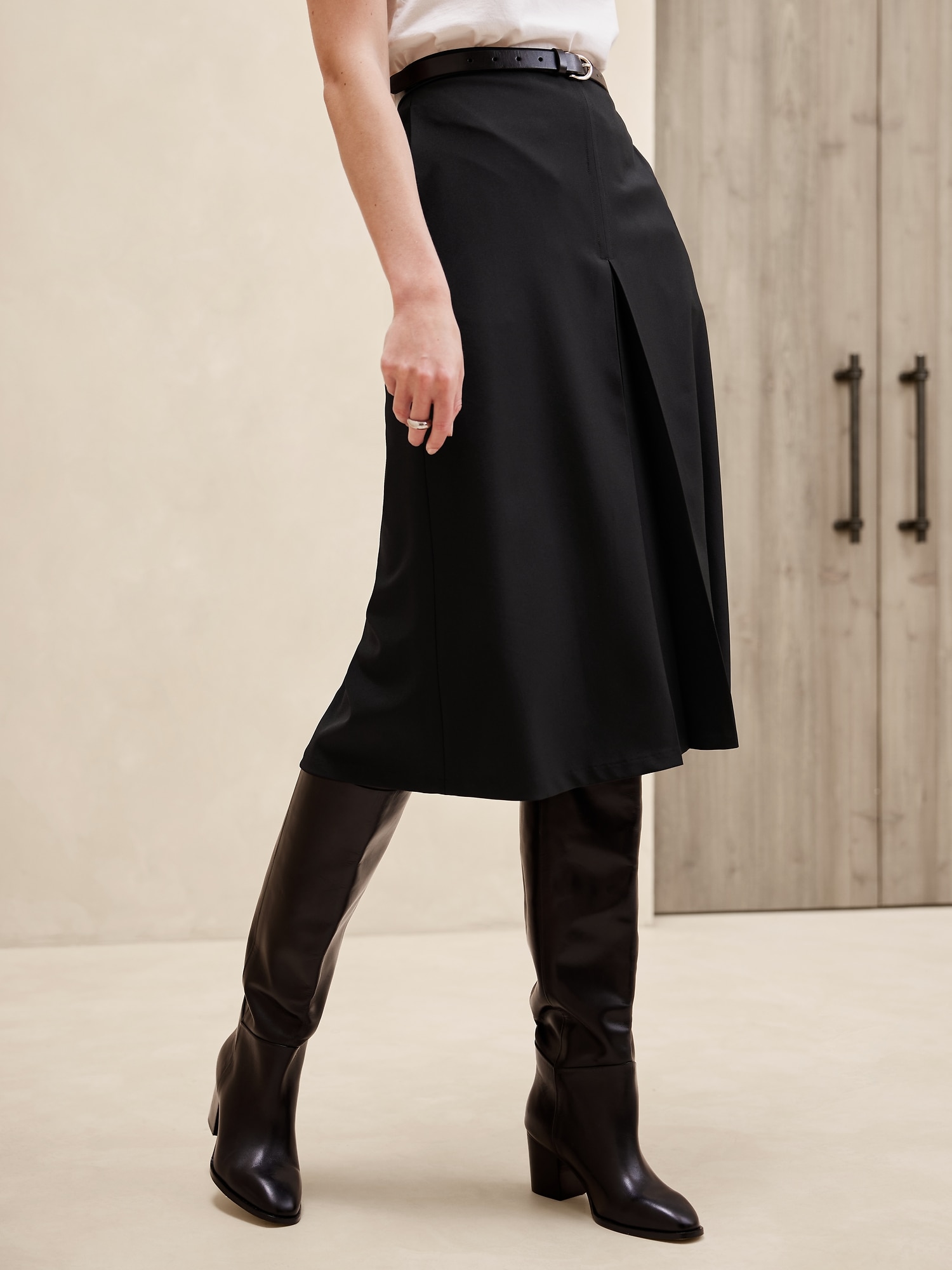 Pleat-Slit A-Line Midi Skirt