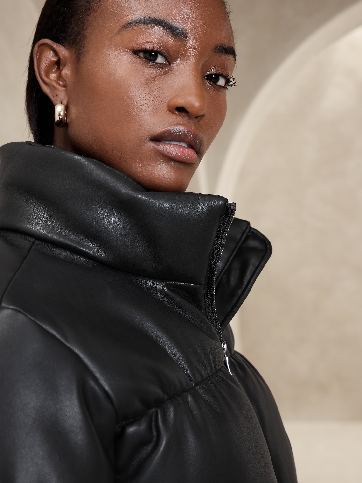 Women's Vegan Leather Puffer Jacket Black Regular Size XL