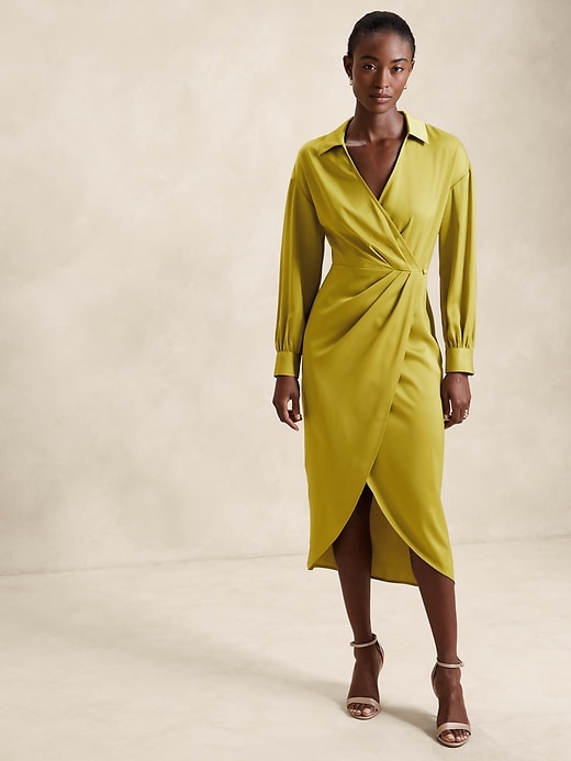 Satin Collar-Wrap Midi Dress | Banana Republic Factory