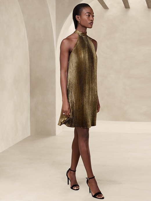 Gold Lam Pleated Mini Dress | Banana Republic Factory
