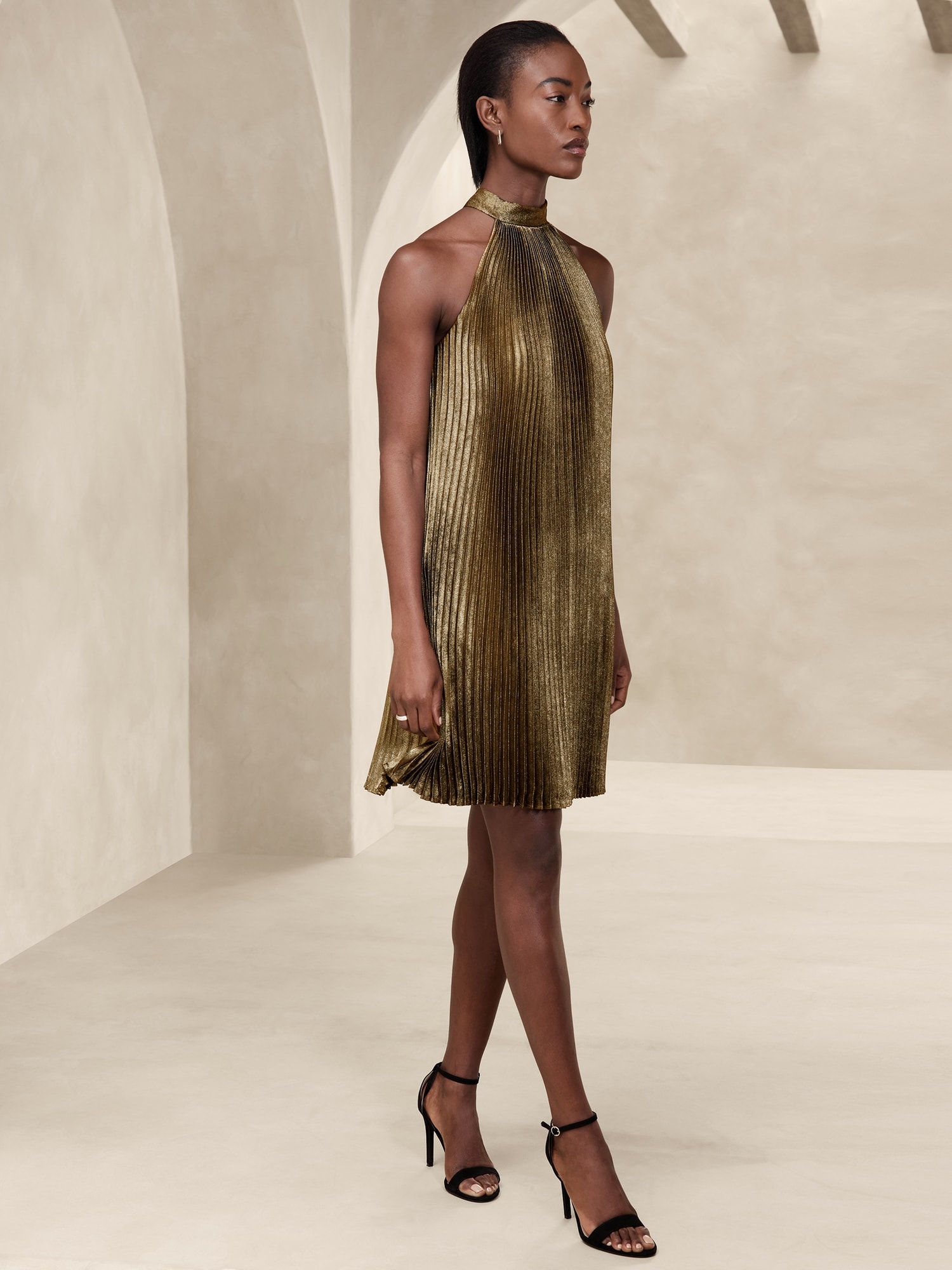 Gold Lam&#233; Pleated Mini Dress