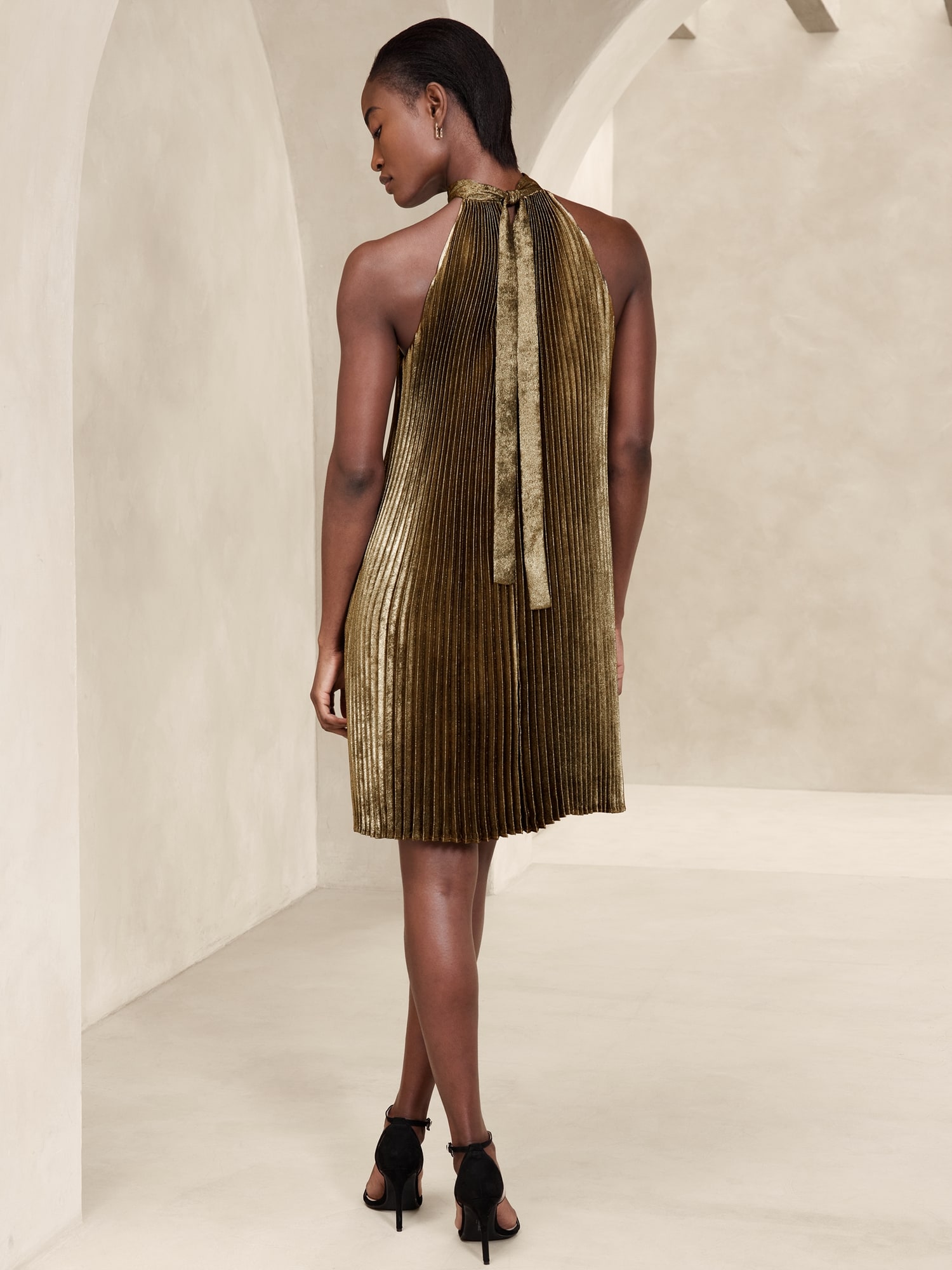 Gold Lam&#233; Pleated Mini Dress