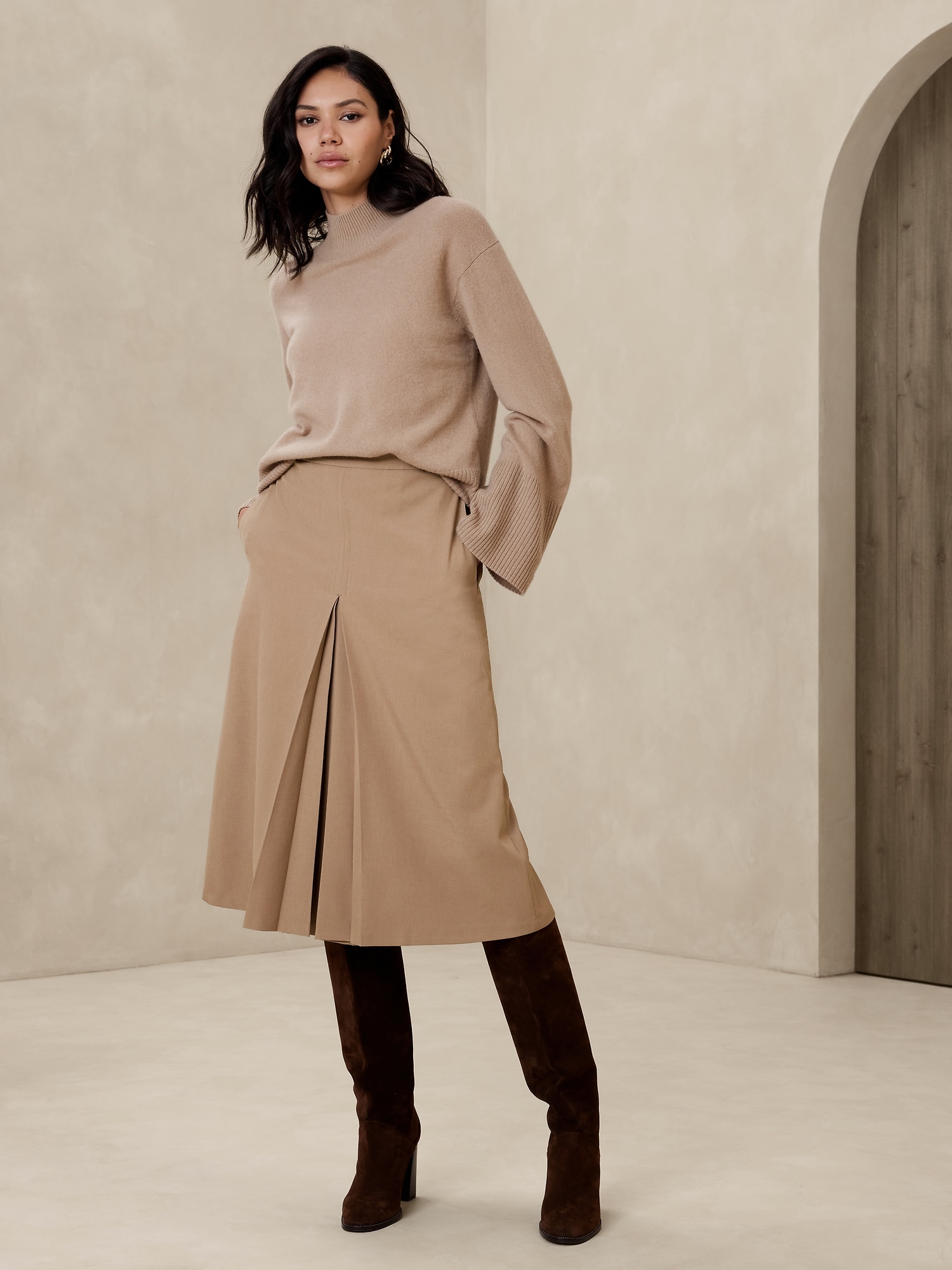 Pleat-Slit A-Line Midi Skirt