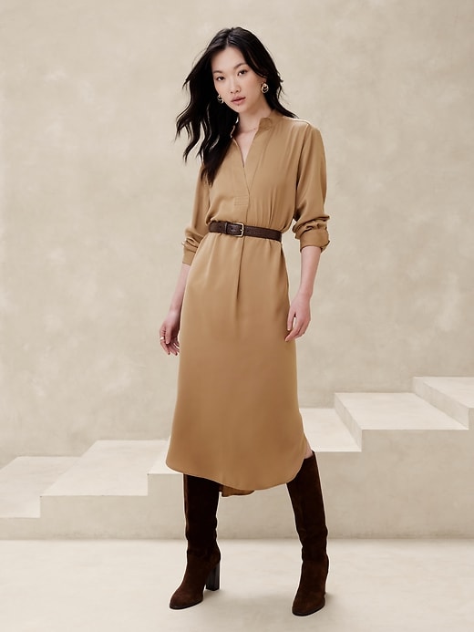 knee length dresses for ladies Camellia Mandarin Collar Midi Dress