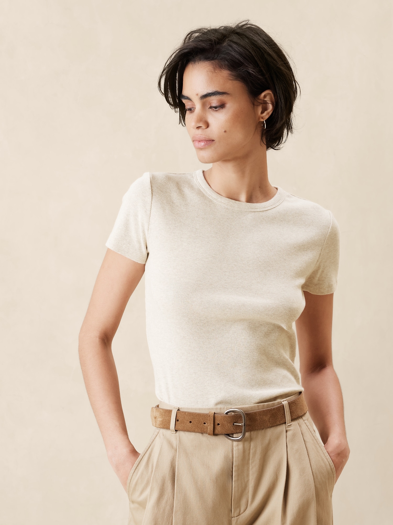 Cropped Short Sleeve Tee In Ribbed Jersey