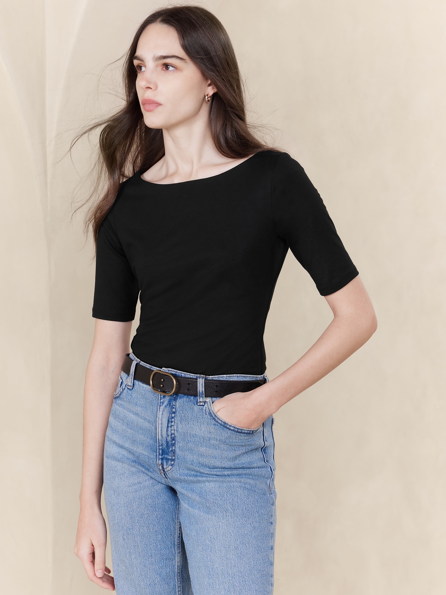 Soft Stretch Elbow-Sleeve Top
