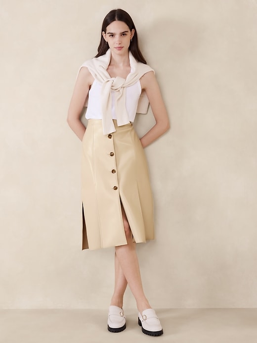Leather Skirt Beige Button Down Skirt Beige Vegan Leather Pocket