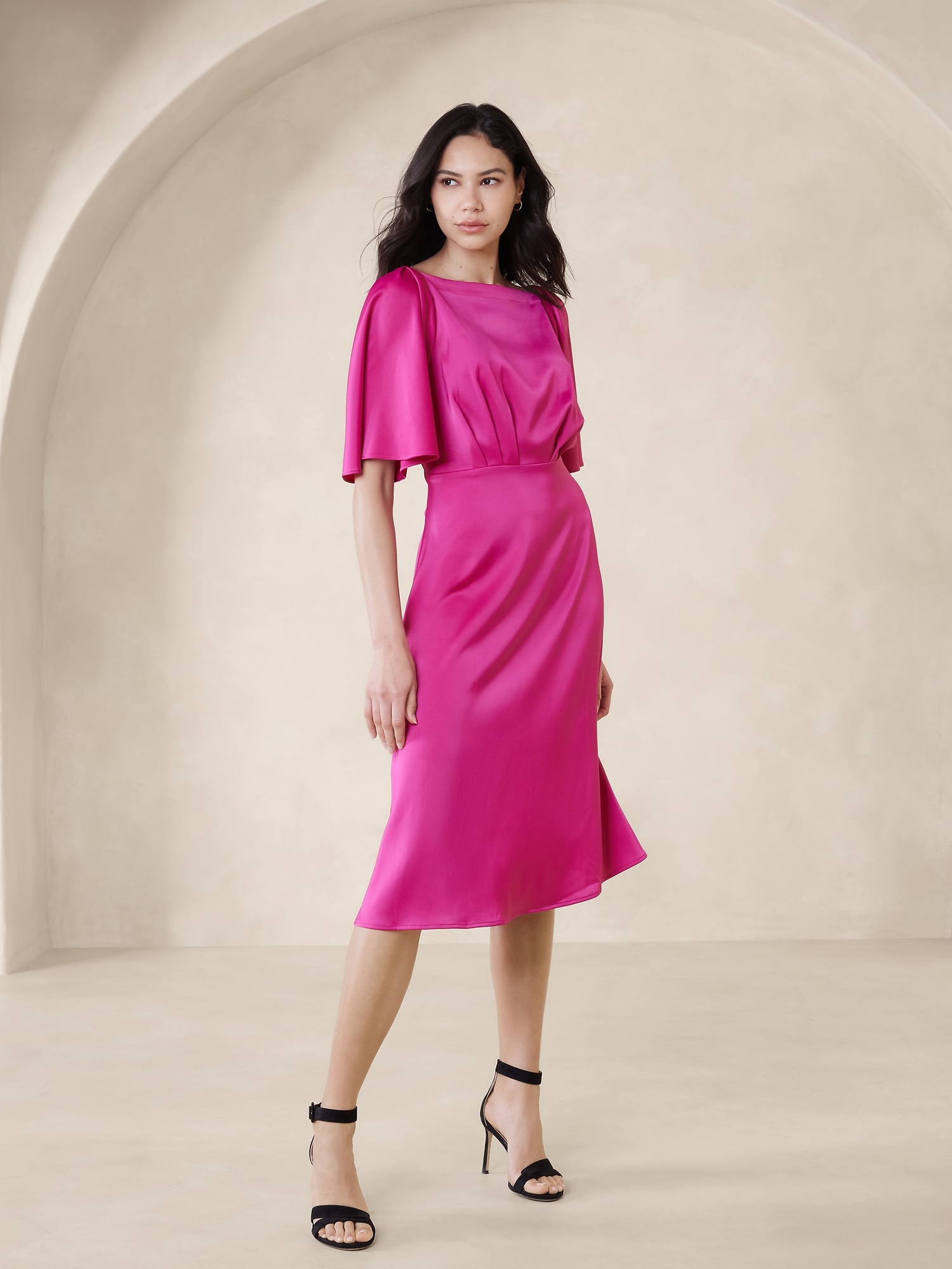 Wraparound Knee-Length Dress with Bell Sleeves – R&M Richards