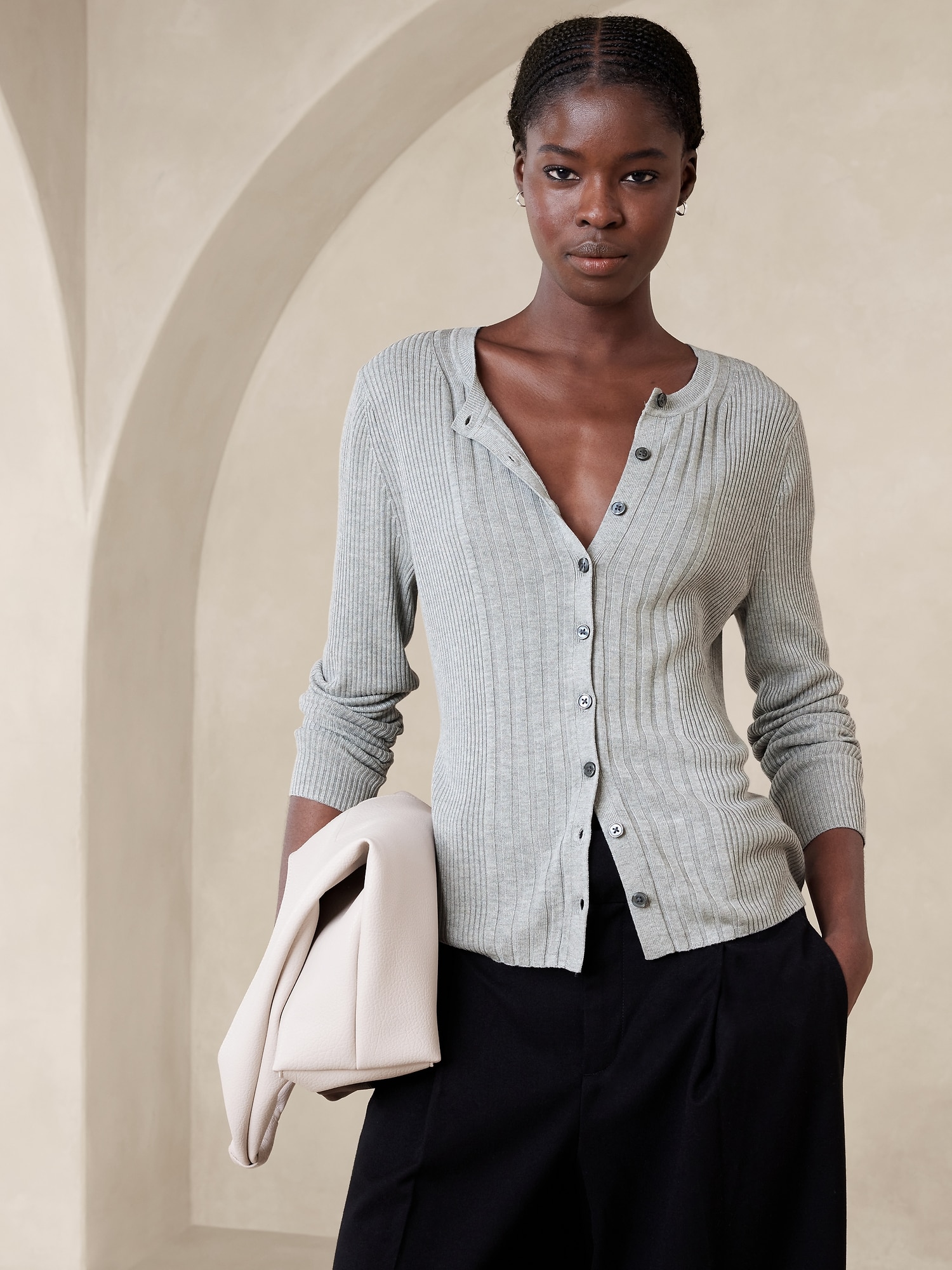 Ribbed Front-Button Cardigan
