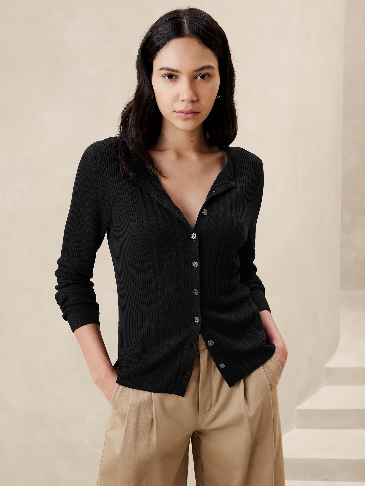 Ribbed Front-Button Cardigan