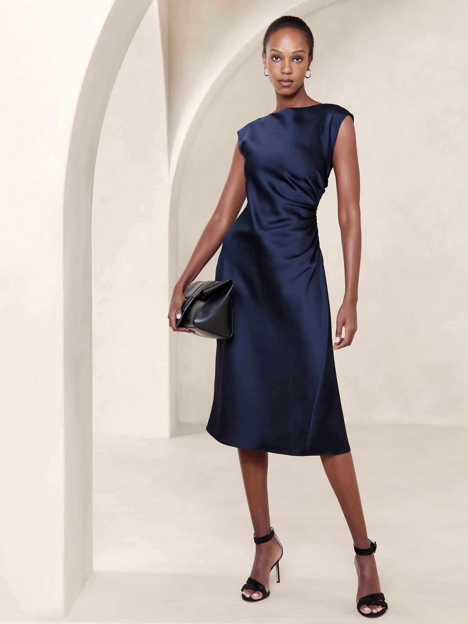 Satin Crepe Long Sleeve Midi Dress | Karen Millen