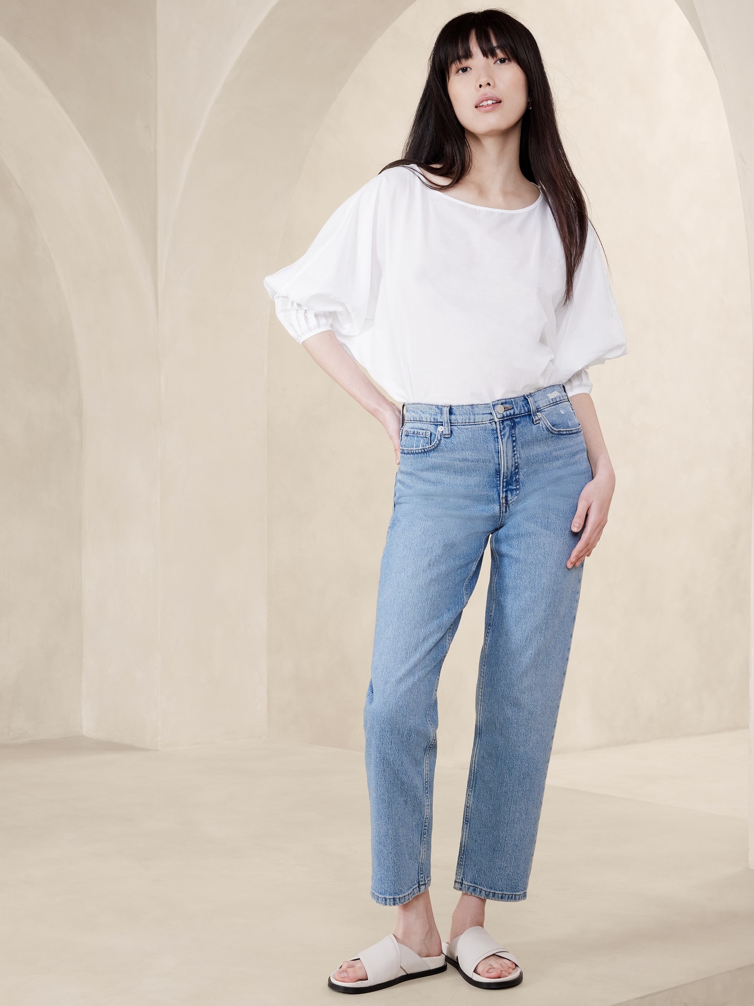 Cropped Pleated-Sleeve Blouse