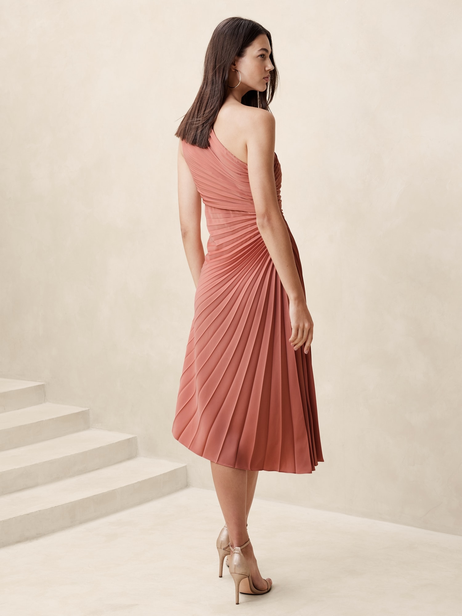 One-Shoulder Pleated Midi Dress