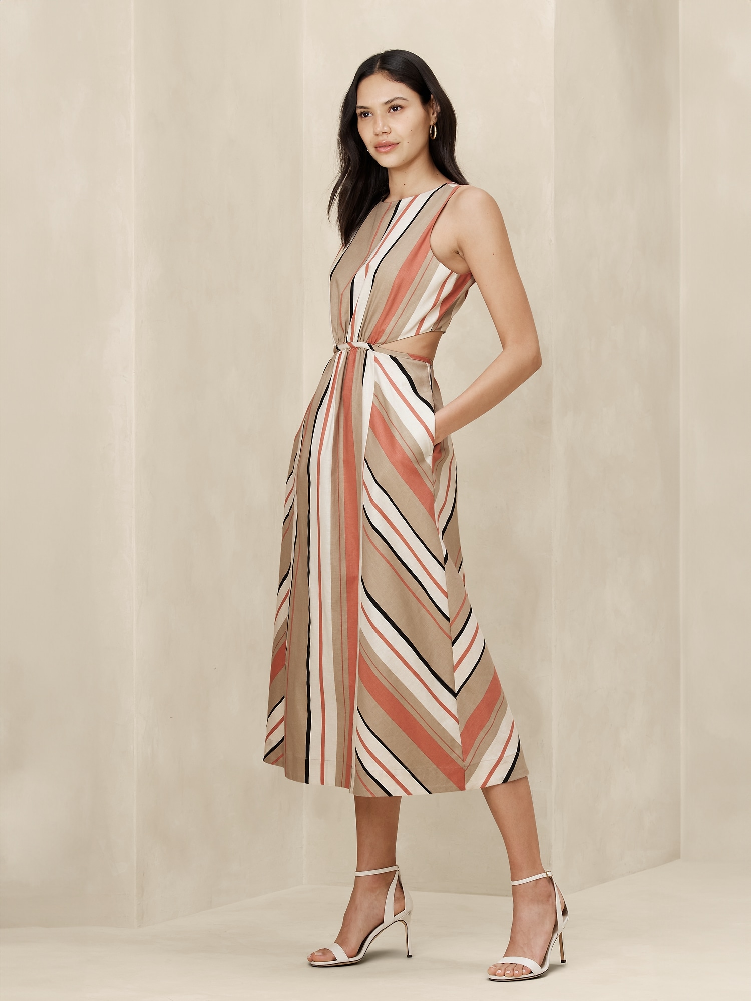 Linen-Blend Cut-Out Midi Dress