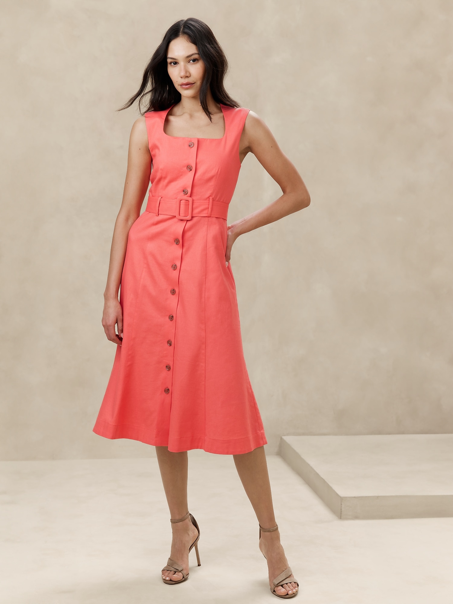 Linen-Cotton Button Midi Dress