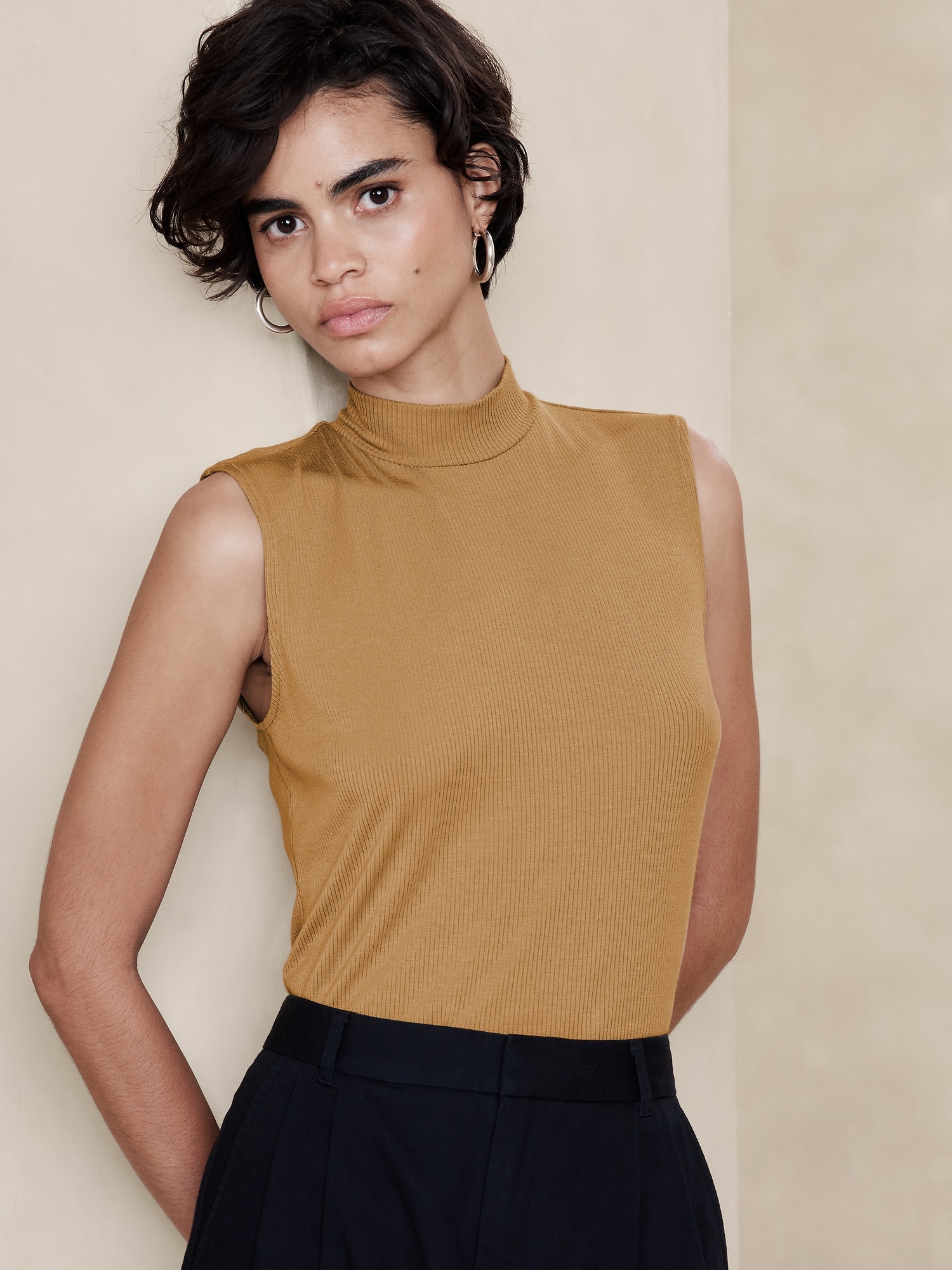 Soft Touch Ribbed Mock-Neck Shell