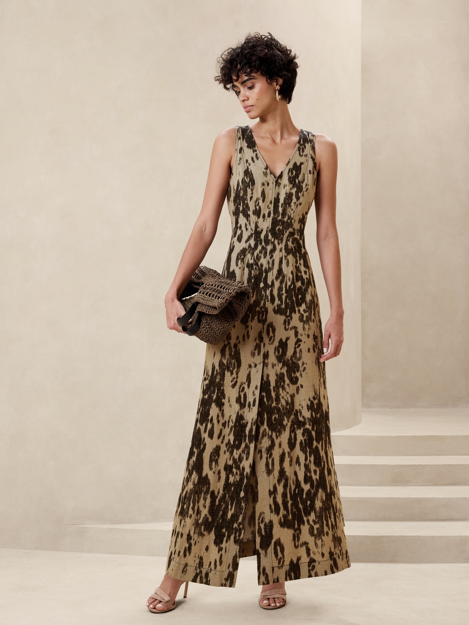 Linen-Blend Seam Bodice Maxi Dress