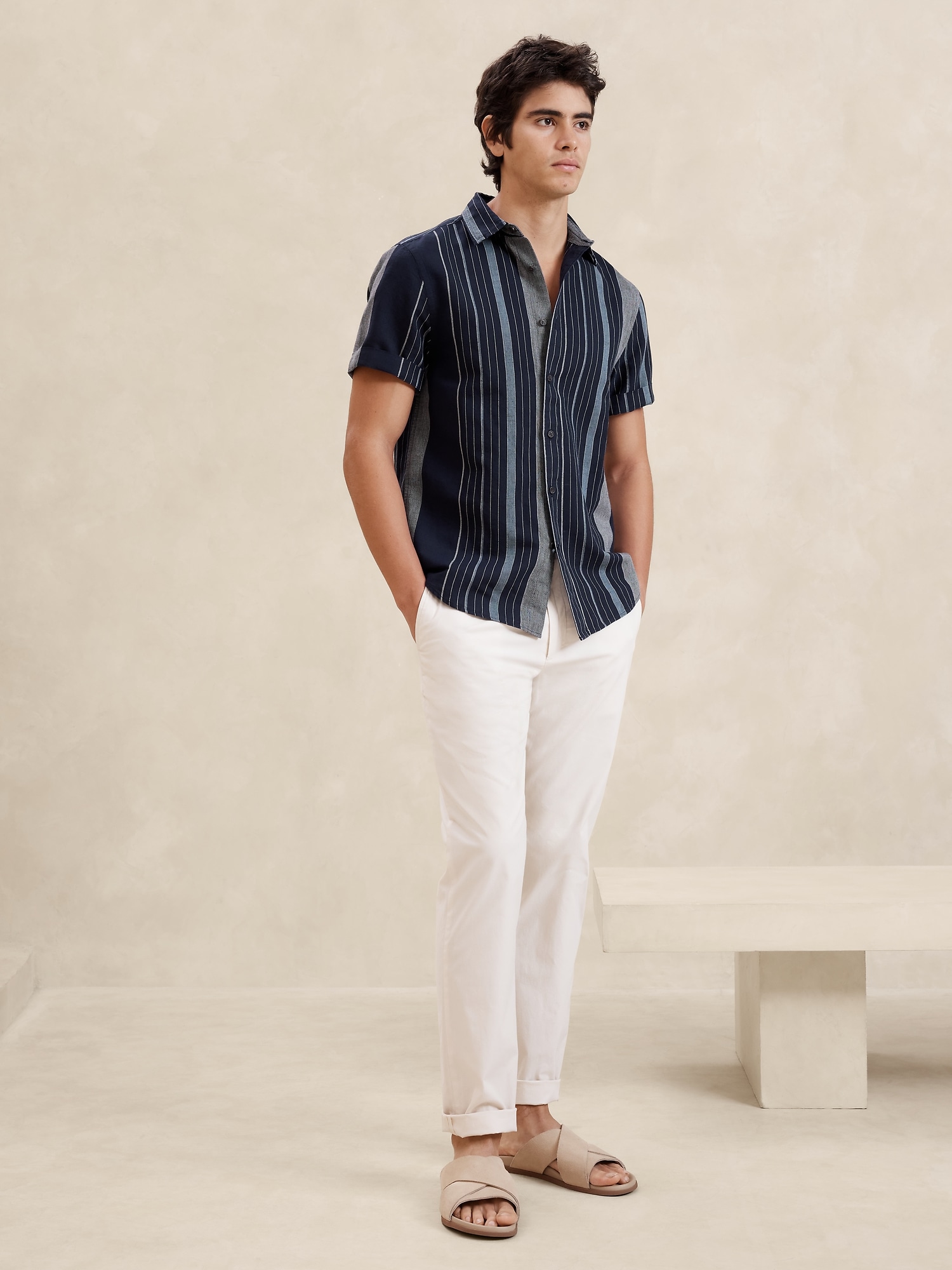 Men's White Blue Stripe Linen-Blend Shirt