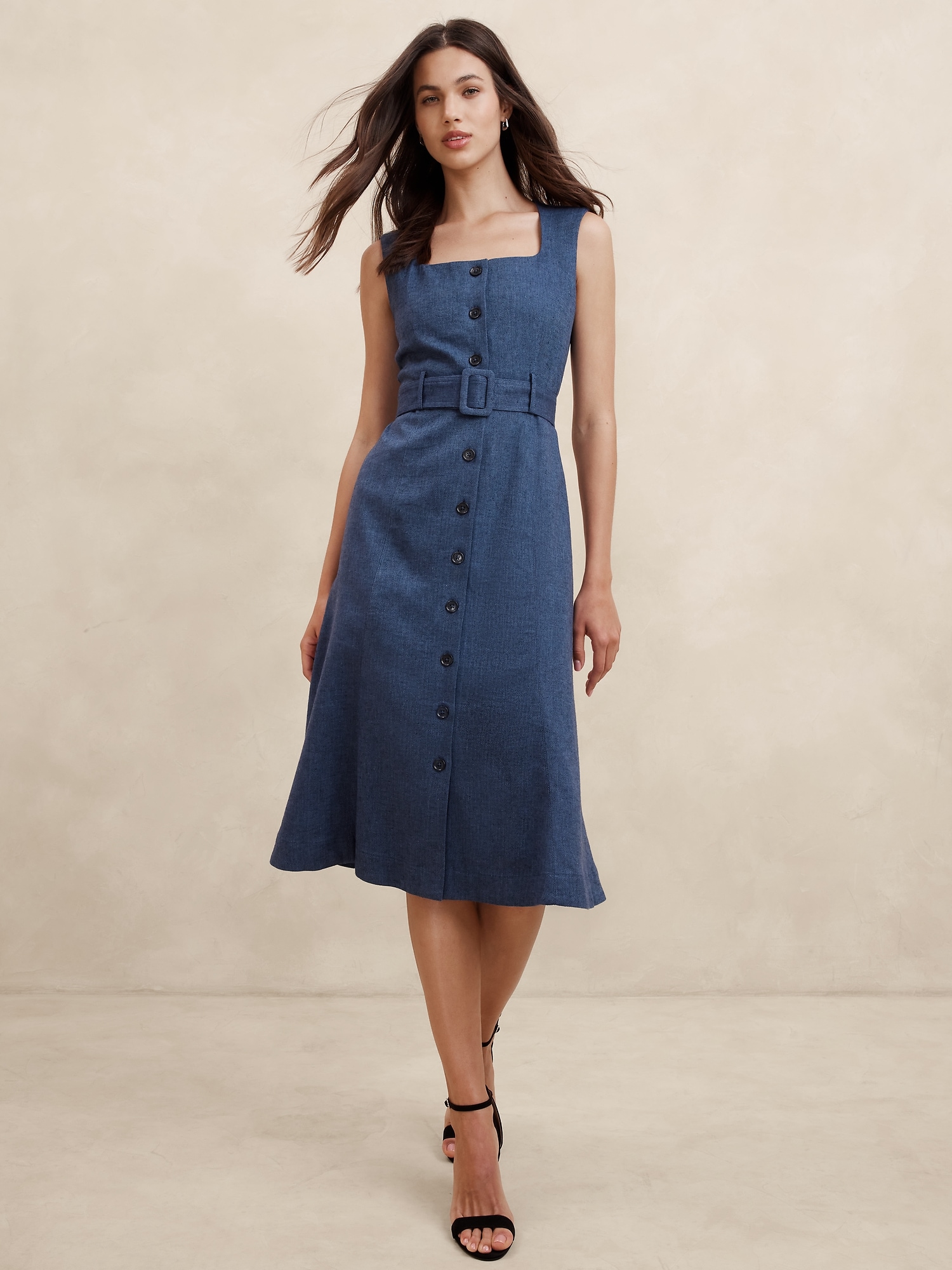 Linen-Cotton Button Midi Dress