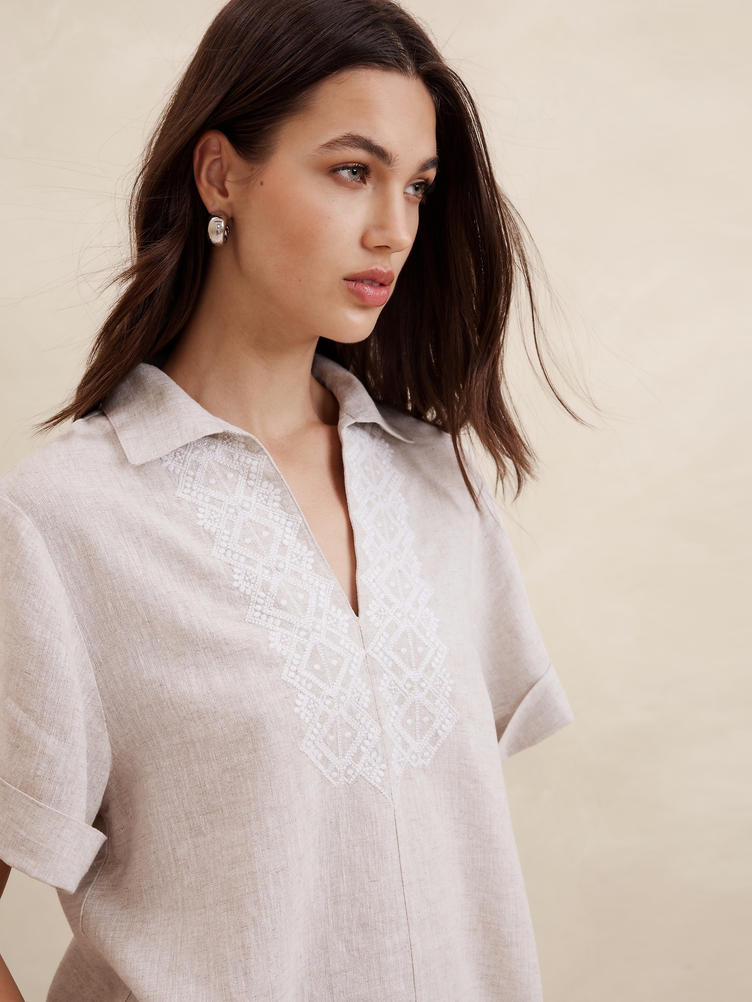 Linen-Blend Embroidered Top