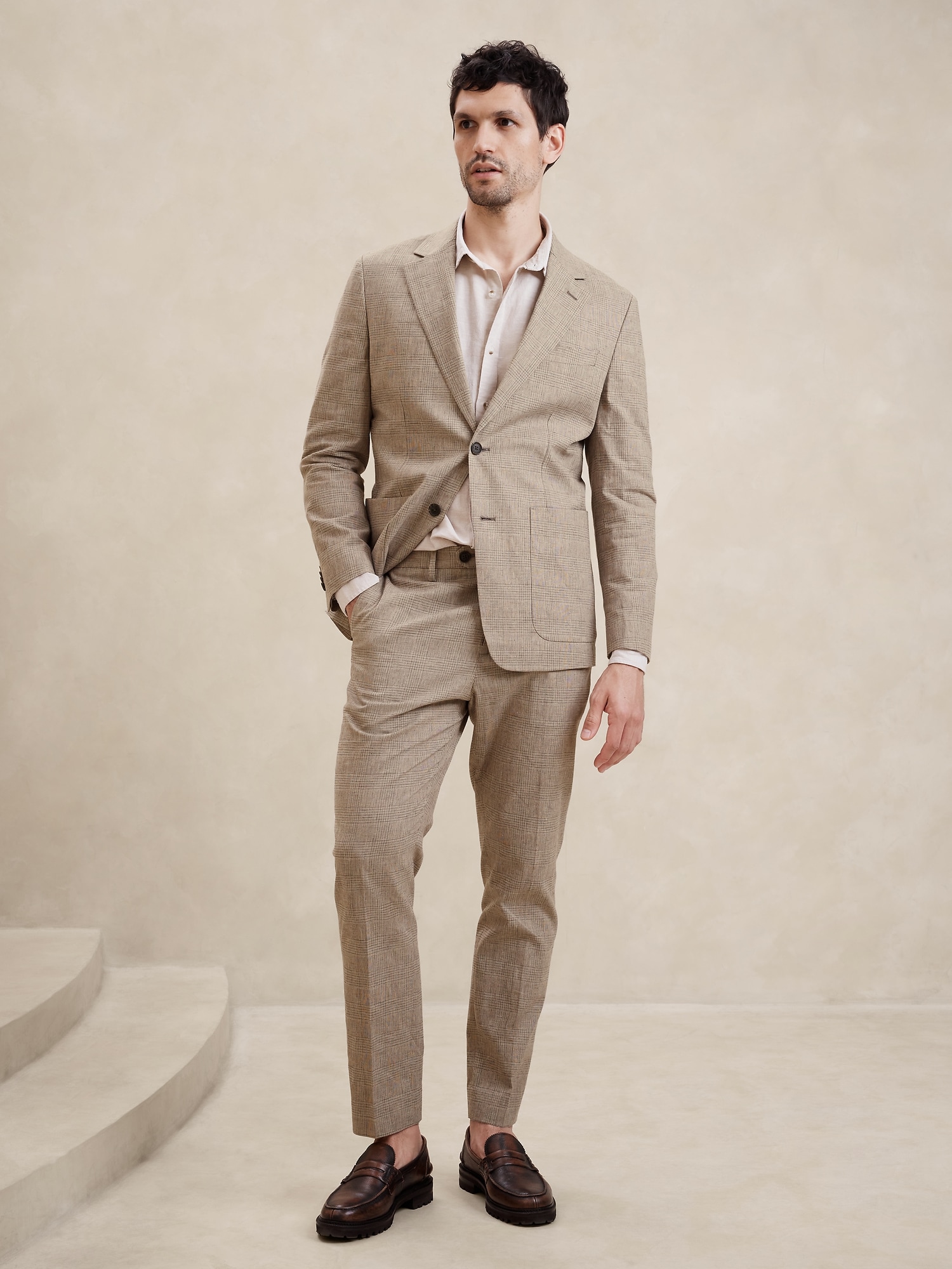 Tailored-Fit Linen-Cotton Glen Plaid Suit Jacket