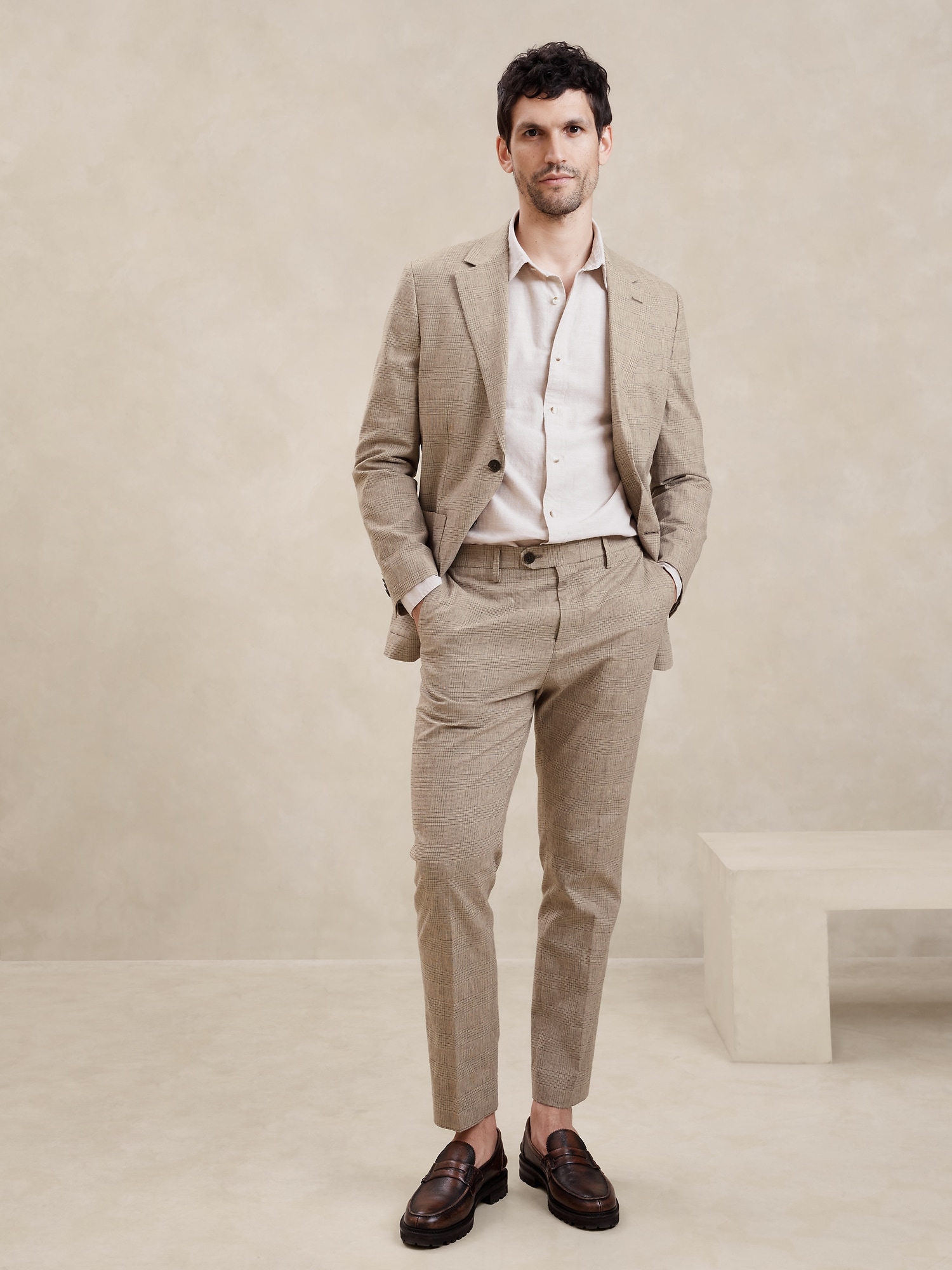 Tailored-Fit Linen-Cotton Glen Plaid Suit Trouser