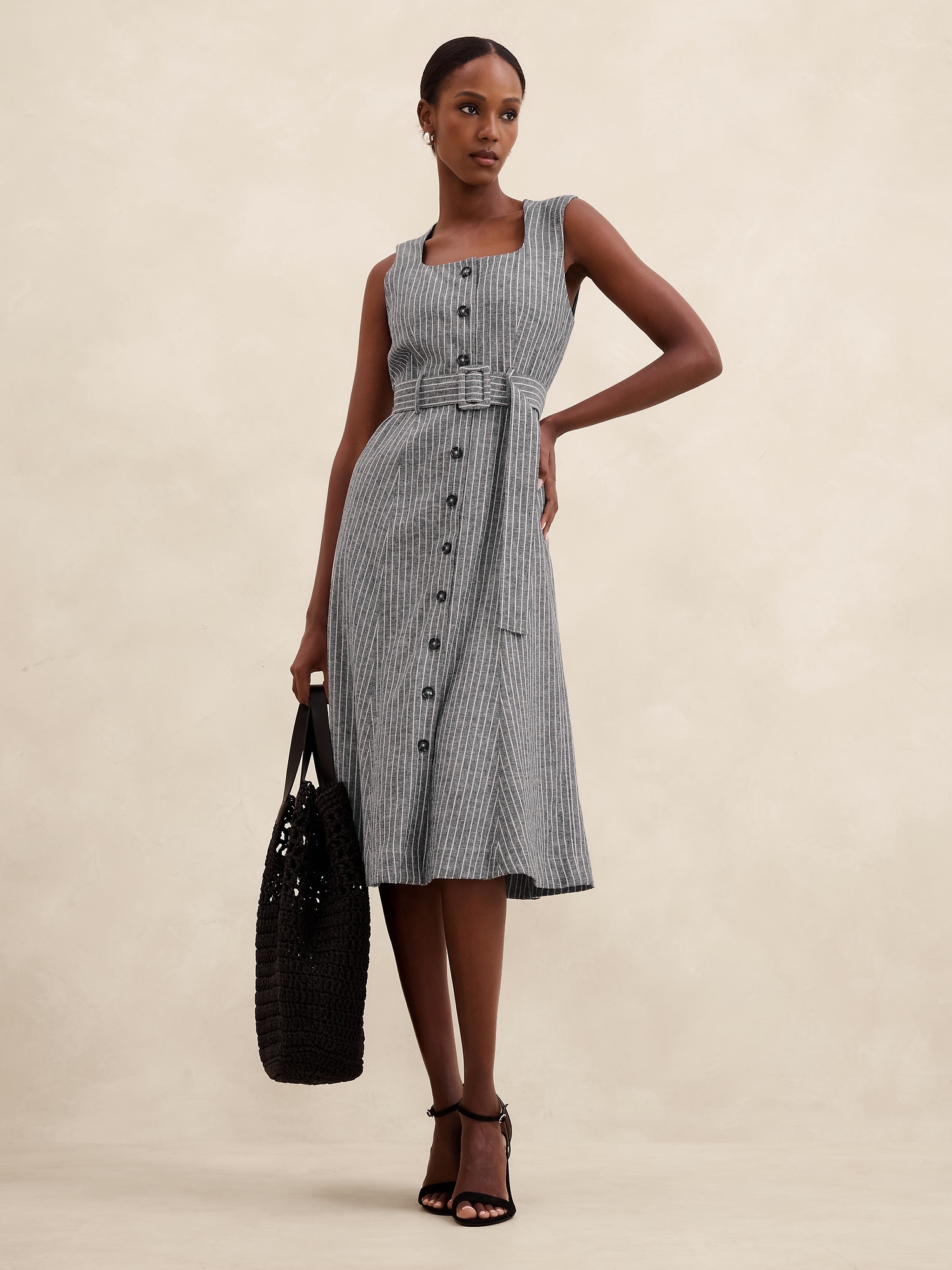 Linen-Blend Button Midi Dress